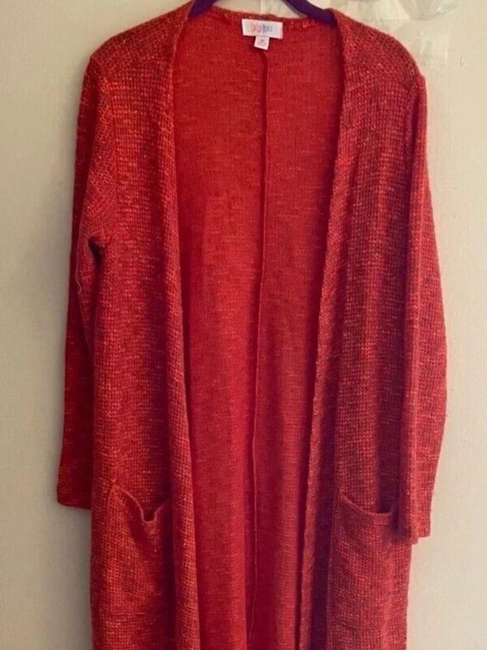 LuLaRoe Sarah Duster Cardigan Women's Medium Red Long Open Front Pockets